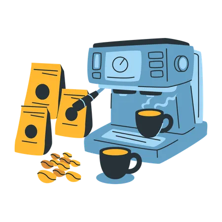Coffee Machine With Cups And Beans  Illustration