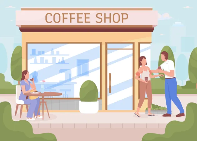 Coffee Shop And Guests In City Garden Flat Color Vector Illustration Small Cafe Building Fully Editable 2 D Simple Cartoon Characters With Cityscape On Background Recursive Font Used Illustration