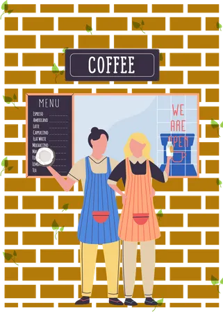 Coffee Shop Street Cafe With Menu Board And Open Window Showcase Pastry Chef And Barista Invite Guests To Try Hot Drink Family Business Cute Coffee Market Shop Facade With Brick Wall Outdoors Illustration