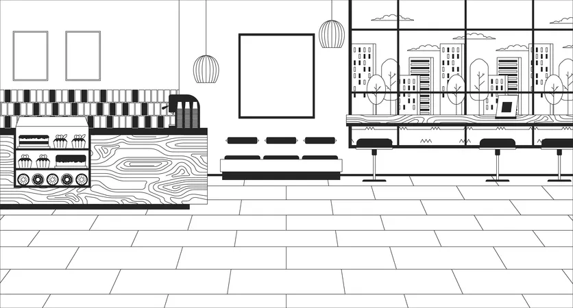 Coffee Shop Inside Black And White Line Illustration Cafeteria Counter Coffeeshop Indoor 2 D Interior Monochrome Background Diner Eatery Cafe Bakery No People Outline Scene Vector Image Illustration
