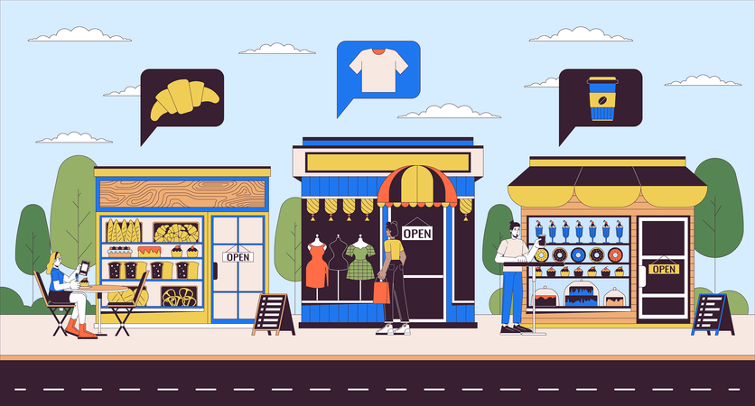 Coffee shop, clothes store and bakery on street  Illustration