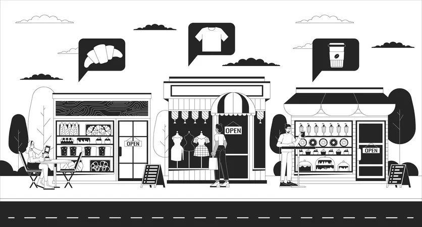 Local Small Businesses Black And White 2 D Illustration Concept Coffee Shop Clothes Store And Bakery On Street Cartoon Scene Background Entrepreneur Services Outline Scene Vector Image Illustration