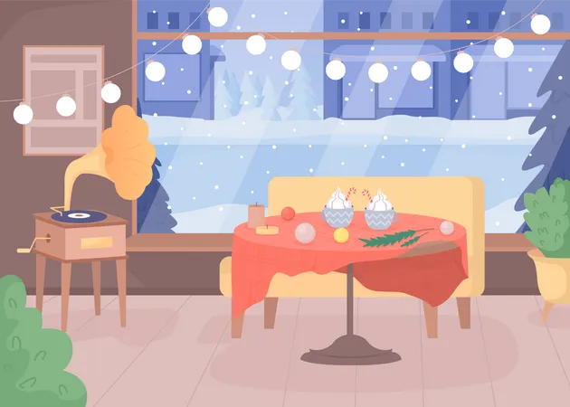 Coffee Shop Decorating For Christmas Flat Color Vector Illustration Holiday Celebration Cozy Bar Fully Editable 2 D Simple Cartoon Interior With Xmas Scenery In Wide Window On Background Illustration