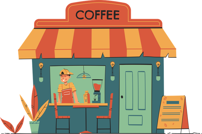 Coffee Shop Exterior with Barista  Illustration