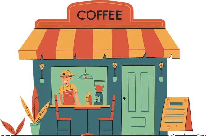 Coffee Shop Exterior with Barista  Illustration