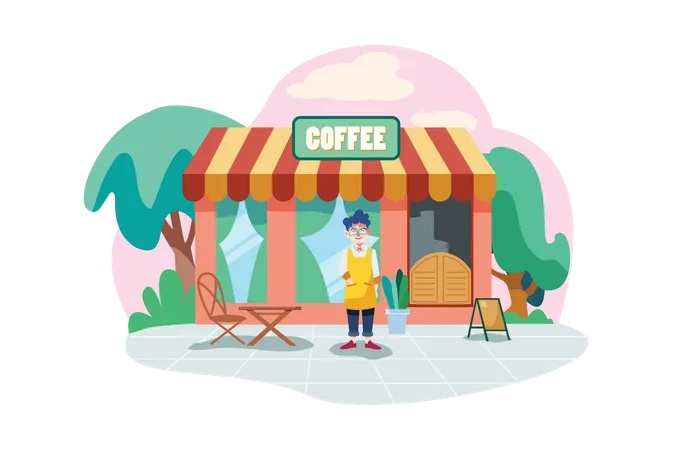 Coffee shop owner wearing apron in front of the shop facade  Illustration