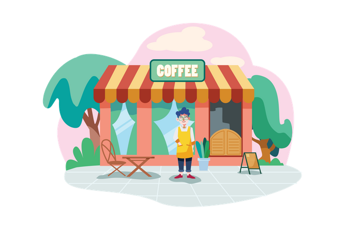 Coffee shop owner wearing apron in front of the shop facade  Illustration