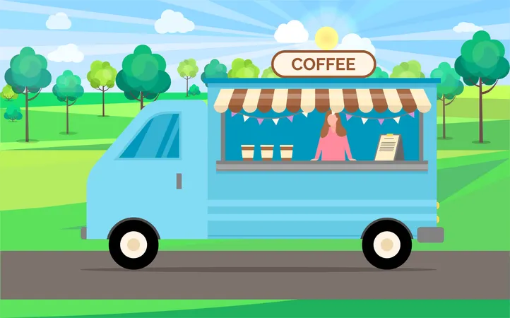 Coffee Shop Vector Woman Working In Store Selling Hot Drinks Automobile In Park With Different Kinds Of Beverage Business Of Lady Trees And Greenery イラスト