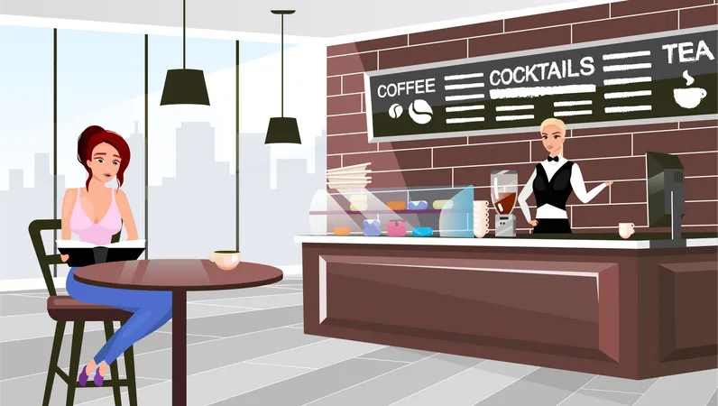Coffee Shop Visitor Sitting At Table Flat Vector Illustration Cartoon Barista At Counter Waiting For Client Order Trendy Urban Restaurant Interior Stylish Chalkboard With Cocktails Tea Menu 일러스트레이션