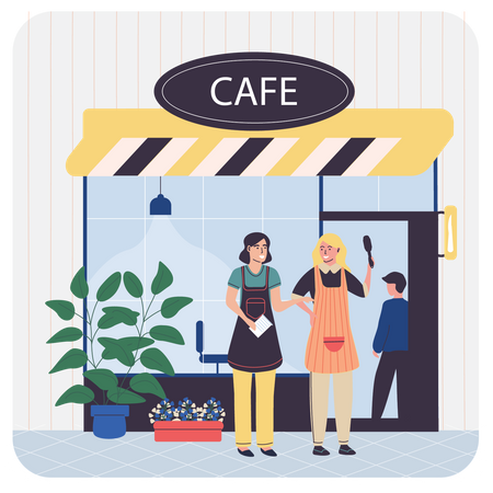 Coffee Shop Waitress standing outside coffee shop Illustration