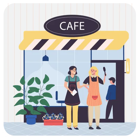 Coffee Shop Waitress standing outside coffee shop  Illustration