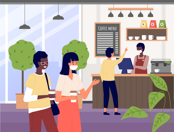 Coffee shop with barista in medical mask  Illustration