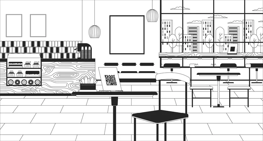 Coffee Shop Interior With Qr Code Stand Black And White Line Illustration Cafe Counter Bakery QR Menu Table 2 D Interior Monochrome Background Furniture Coffeeshop Wall Outline Scene Vector Image イラスト