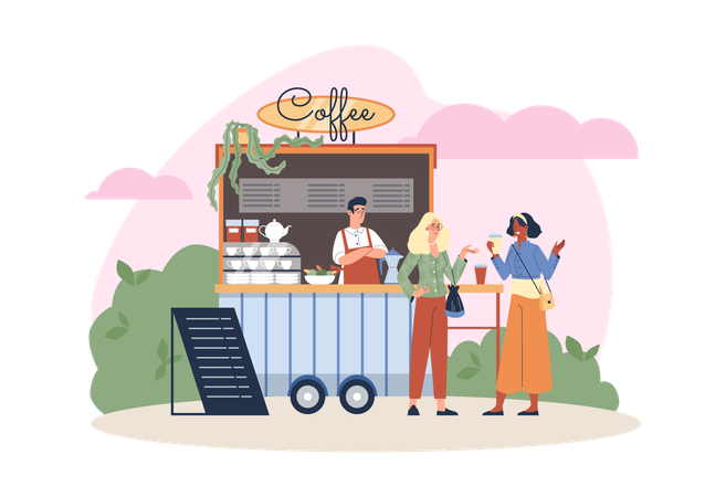Coffee stall on wheels at street food festival women drink coffee and chat  Illustration
