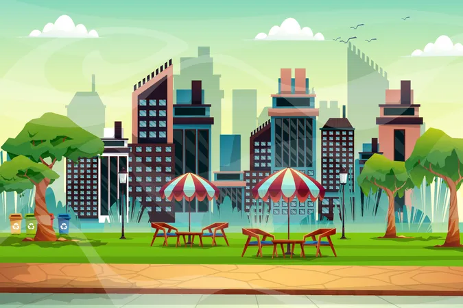 Beautiful Scene Of Chair Ana Table With Umbrella In Nature Park Cityscape In Background Vector Illustration 일러스트레이션