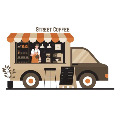 Coffee truck with barista Illustration