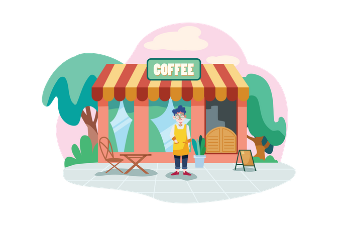 Coffee-Shop-Besitzer trägt Schürze vor der Ladenfassade  Illustration