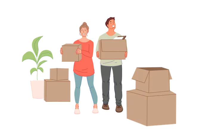 Young Family Rearrangement Moving To New House Cohabitation Concept Happy Joyful Girl Boy In Love Together Move Into A New Apartment Smiling Couple Man Woman Couple Delight Simple Flat Vector Illustration