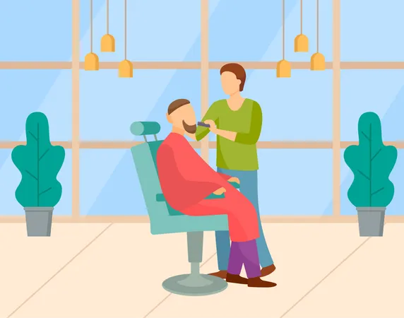 Coiffeur barbier rasant la barbe d'un client masculin dans un salon de beauté pour hommes  Illustration