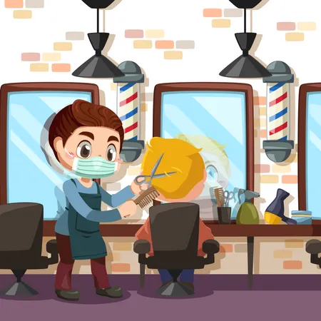 Coiffeur faisant une coupe de cheveux à un client avec des ciseaux au salon de coiffure  Illustration