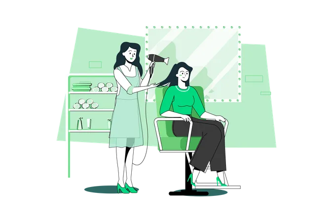 Coiffeur sécher une nouvelle coiffure pour un client dans un salon de coiffure  Illustration