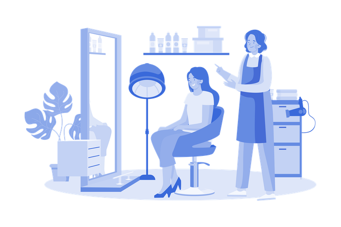 Coiffeuse et cliente parlant dans un salon de coiffure  Illustration