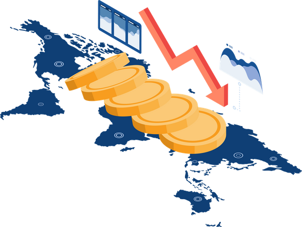 Coin Money Falling like Domino on World Map Currency and Financial Crisis  Illustration