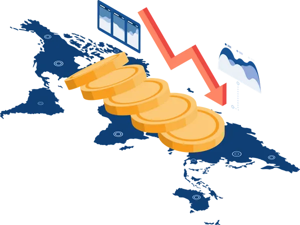 Coin Money Falling like Domino on World Map Currency and Financial Crisis  Illustration