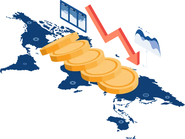 Coin Money Falling like Domino on World Map Currency and Financial Crisis  Illustration