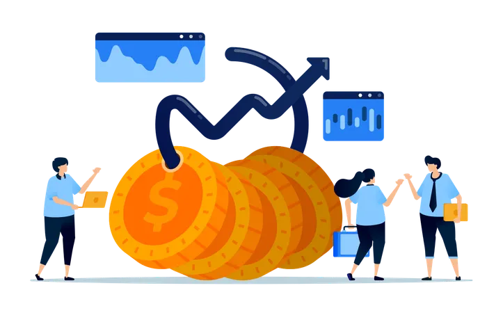 Coins tied with an upward arrow  Illustration