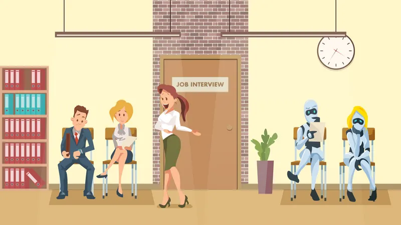 Cola De Personas Y Robots En La Puerta Del Pasillo De Oficinas Entrevista De Trabajo Contratacion De Recursos Humanos Y Tecnologia Moderna Reclutamiento De Inteligencia Artificial Ilustración
