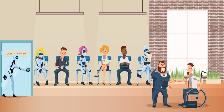 Cola de personas y robots sentados para una entrevista de trabajo en la oficina  Ilustración