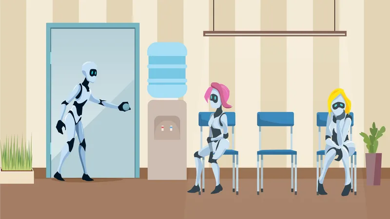 Cola De Robots En La Entrevista De Trabajo De Espera Del Corredor De Oficina Tecnologia Moderna E Inteligencia Artificial Pensativa En Puerta En Coworking Reclutamiento De Candidatos De Bot Ilustración