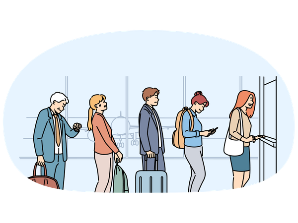 Cola en el aeropuerto de personas que despegan en avión y pasan por el control de aduanas  Ilustración
