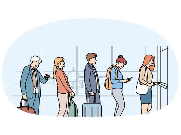Cola en el aeropuerto de personas que despegan en avión y pasan por el control de aduanas  Ilustración