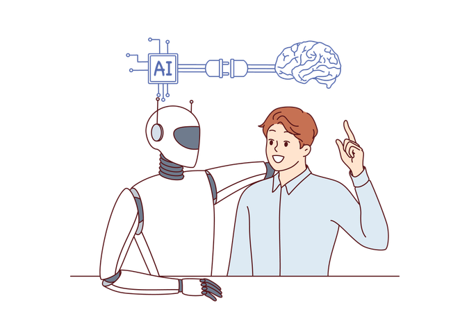 Colaboração de IA e empresário usando tecnologias modernas ou inovações para melhorar o trabalho  Ilustração
