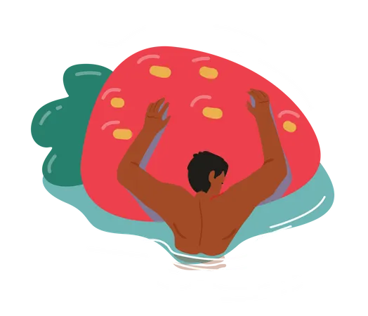 Homem flutuando na piscina segurando colchão de ar inflável de morango  Ilustração