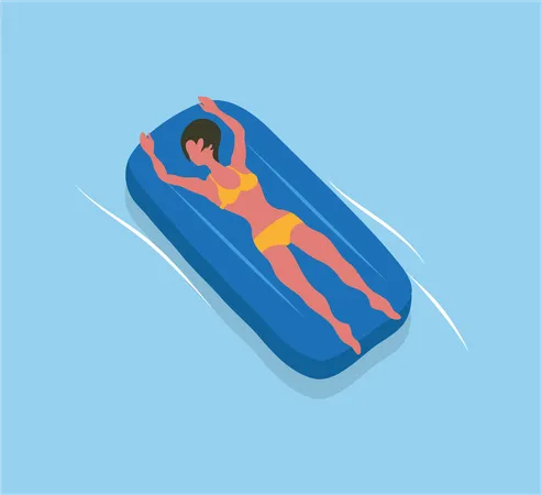 Mulher relaxada flutuando em colchão inflável  Ilustração