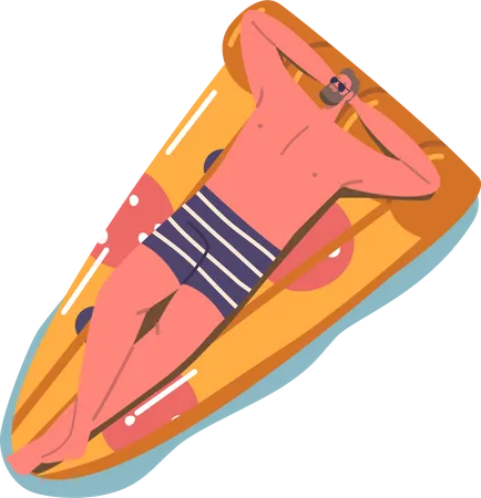 Vista superior do colchão inflável de pizza masculino flutuando  Ilustração