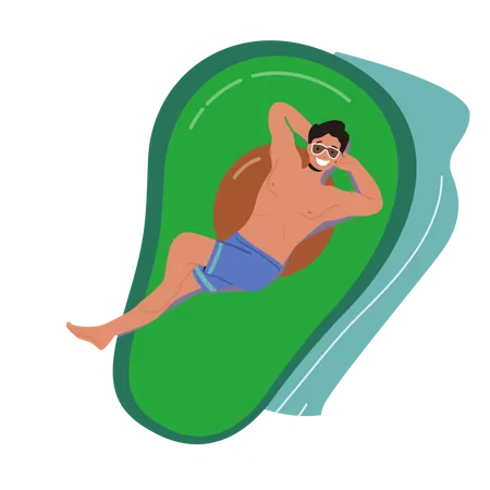 Homem flutuando em colchão de ar em formato de abacate aproveitando o verão  Ilustração