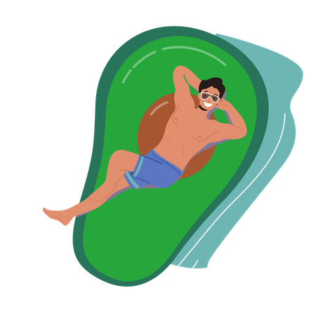 Hombre flotando en un colchón de aire en forma de aguacate disfrutando del horario de verano  Ilustración