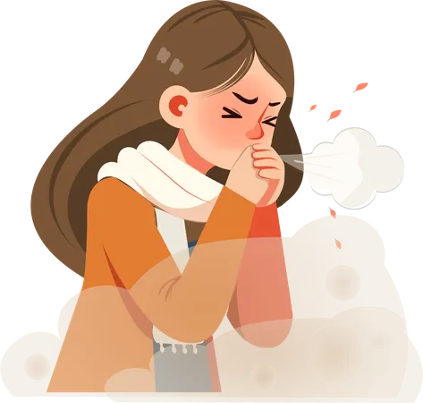 Cold dusty air made young woman cough and sneeze  Illustration