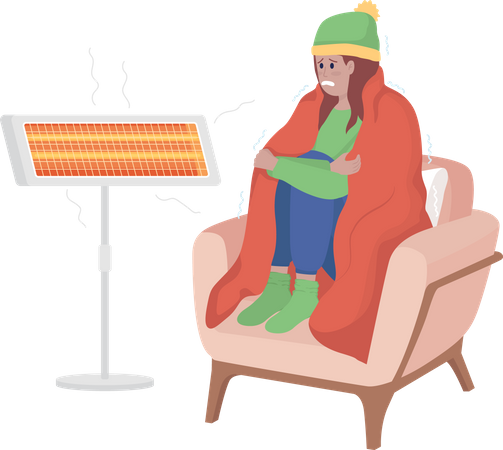Cold girl at heater lamp Illustration