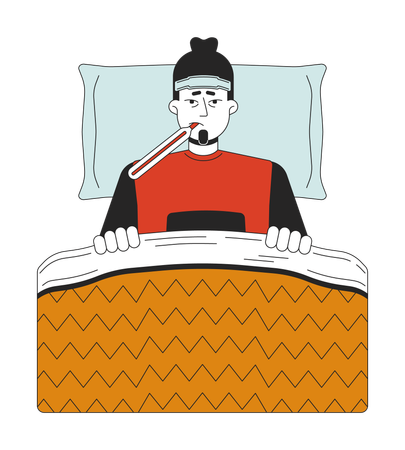 Cold sick caucasian man lying in bed  Illustration