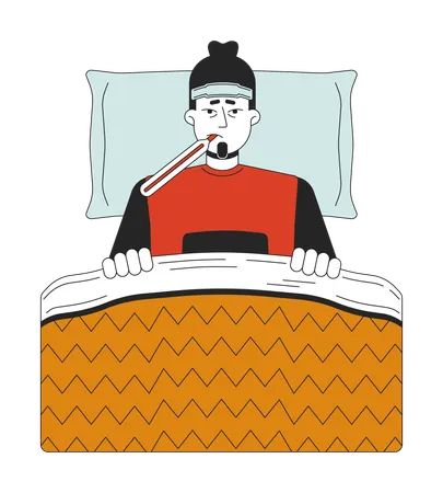 Cold Sick Caucasian Man Lying In Bed 2 D Linear Cartoon Character Top View Exhausted Male With Thermometer Isolated Line Vector Person White Background Wrapped In Blanket Color Flat Spot Illustration Illustration