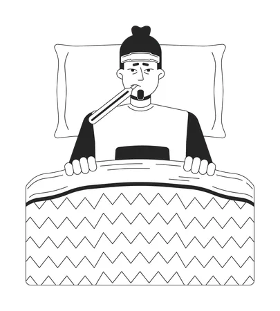 Cold Sick Caucasian Man Lying In Bed Black And White 2 D Line Cartoon Character Exhausted Male With Thermometer Isolated Vector Outline Person Wrapped In Blanket Monochromatic Flat Spot Illustration Illustration