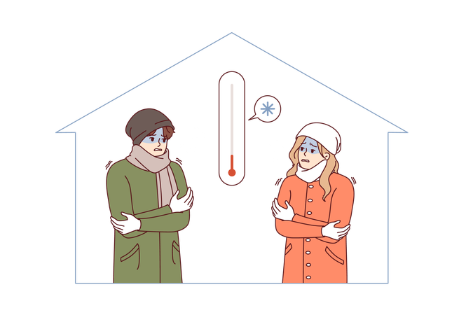 Cold temperature in residential building with shivering couple  Illustration