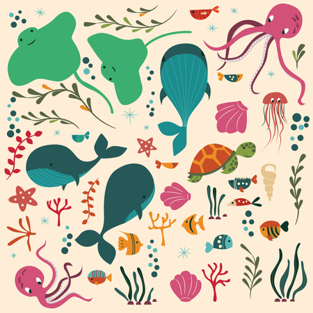 Coleção de animais coloridos do mar e do oceano, baleia, polvo, arraia, água-viva, tartaruga, coral  Ilustração