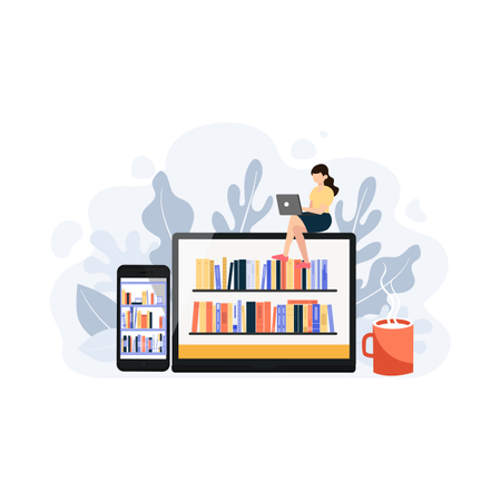 Coleção de livros diferentes em dispositivo inteligente  Ilustração