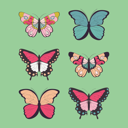 Coleção de seis borboletas coloridas desenhadas à mão  Ilustração